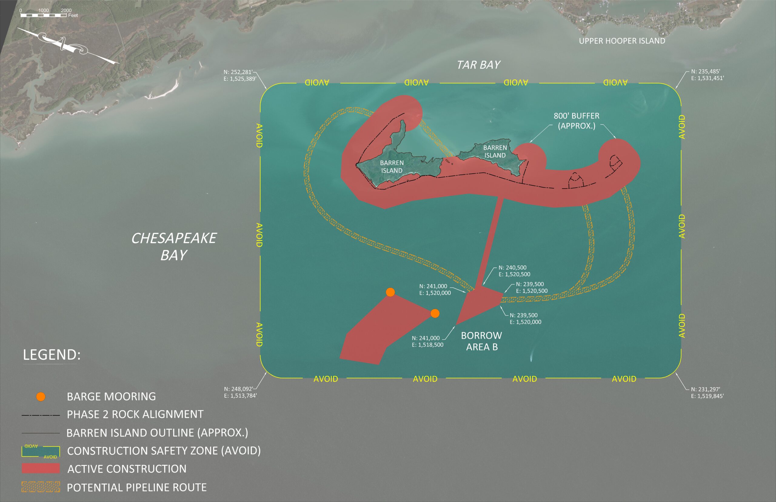 This is an aerial map of Barren Island, that shows the active construction zones and the construction safety zones that should be avoided.
