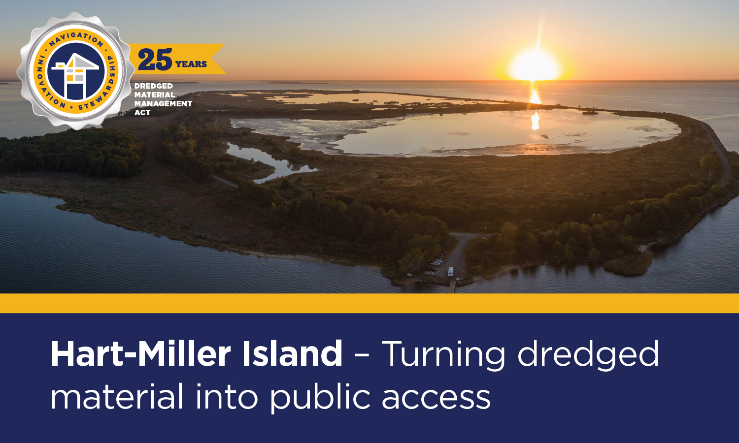 This is an aerial photograph of Hart-Miller Island, with the 25th Anniversary logo of the DMMP overlaid and text at the bottom that says “Hart-Miller Island - Turning dredged material into public access.