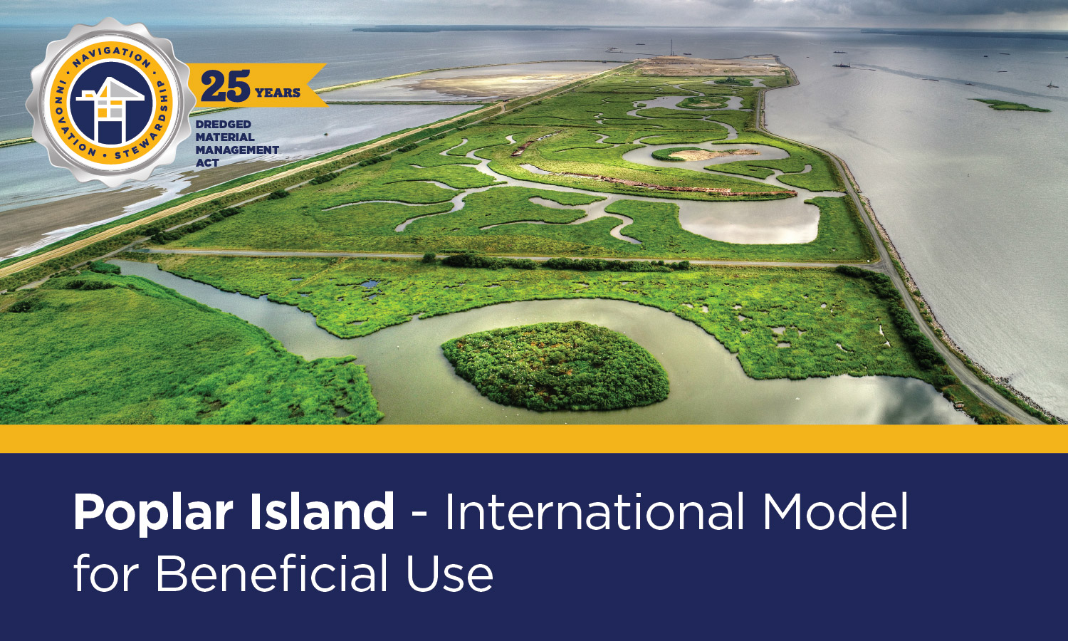 This is an aerial photograph of Poplar Island, with the 25th Anniversary logo of the DMMP overlaid and text at the bottom that says "Poplar Island - International Model for Beneficial Use"