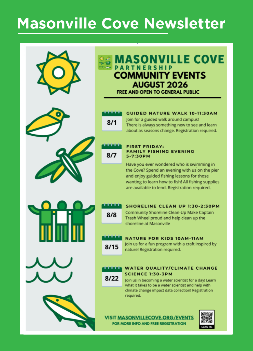 This is an image of the screenshot of the front page of the Masonville Cove newsletter. There is a list of upcoming Community Events in August. 