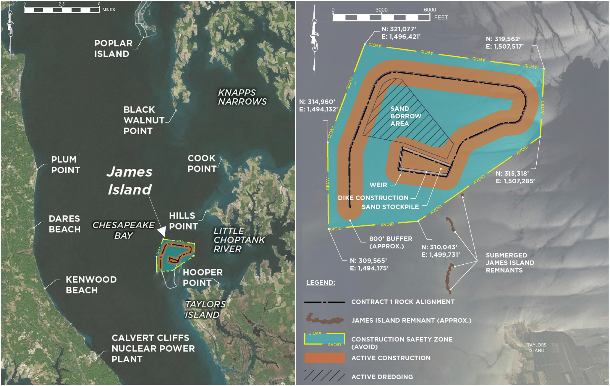 This is an aerial map of James Island, that shows the active construction zones and the construction safety zones that should be avoided.