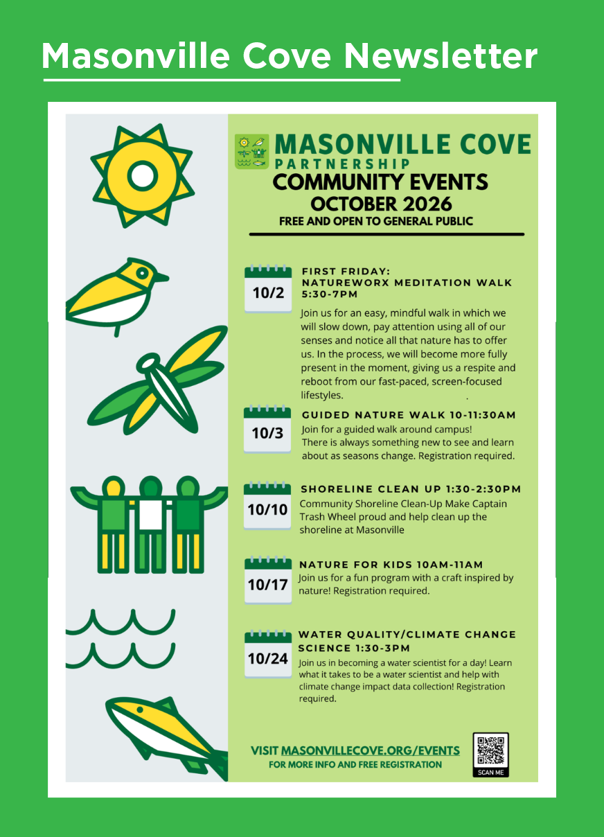 This is a screenshot of the Masonville Cover Newsletter Community Events, with events on October 2(First Friday), October 3 (Guided Nature Walk), October 10 (Shoreline Clean up), October 17 (Nature for Kids) and October 24 (Water Quality/Climate Change Science)